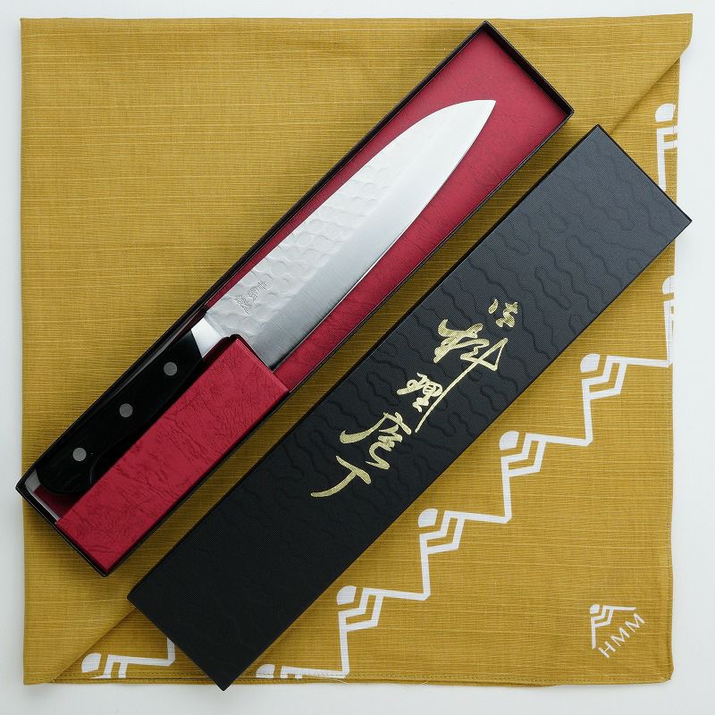 風呂敷付 三徳包丁 両刃 180mm 青紙鋼 割込み ステンレス 梨地 槌目仕上げ