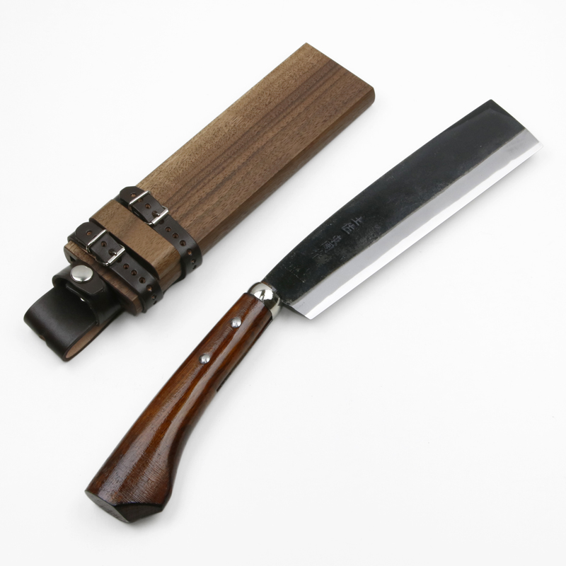 東周作 最高級黒打腰鉈 両刃 210mm 白紙鋼 ウォルナット鞘 鞘付き
