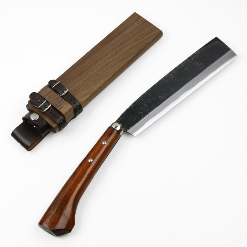 東周作 最高級黒打腰鉈 両刃 240mm 白紙鋼 ウォルナット鞘 鞘付き