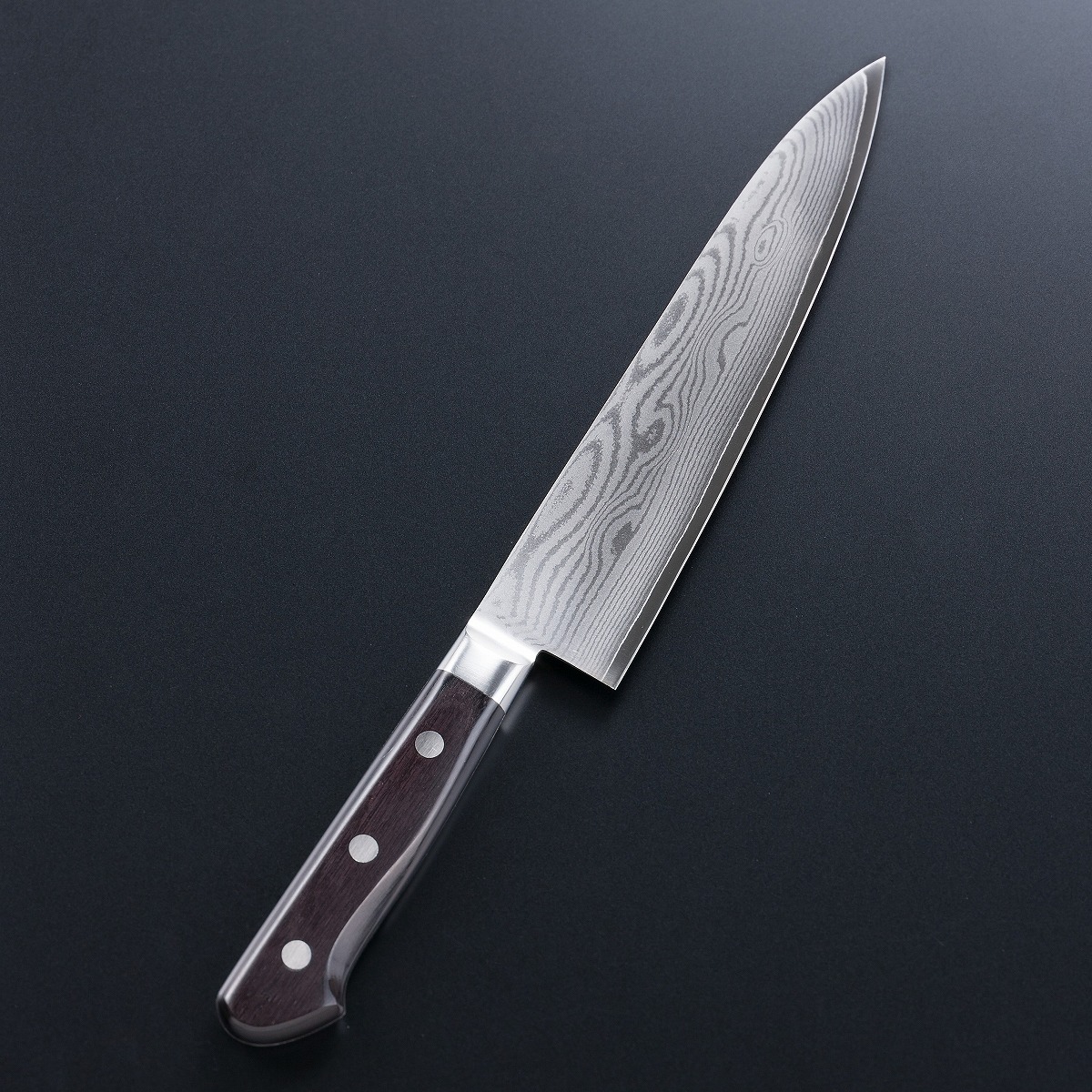 牛刀 両刃 180mm V金10号 ステンレス ダマスカス模様 共口金付き 黒合板柄