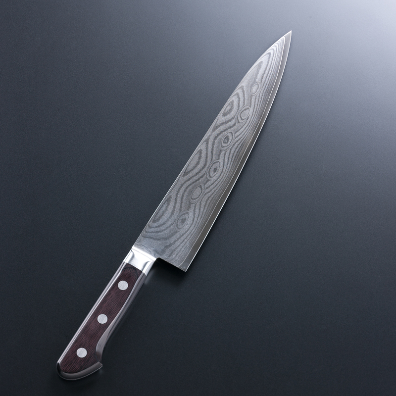 牛刀 両刃 210mm V金10号 ステンレス ダマスカス模様 共口金付き 黒合板柄