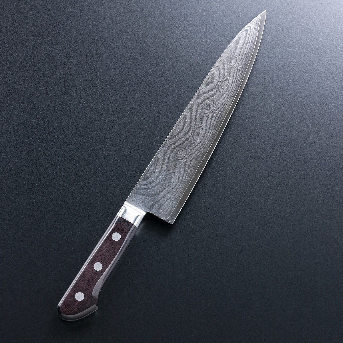 牛刀 両刃 240mm V金10号 ステンレス ダマスカス模様 共口金付き 黒合板柄