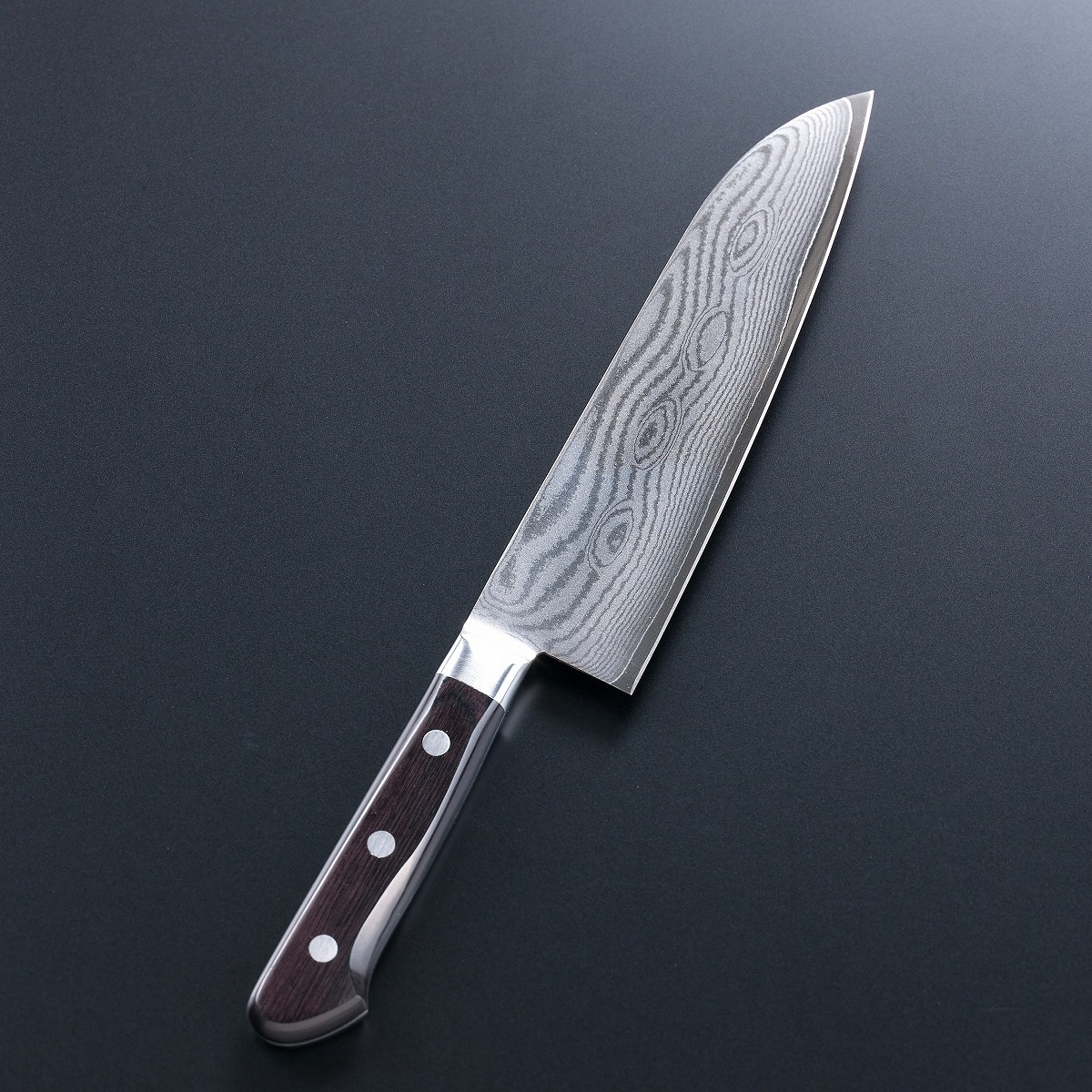 三徳包丁 両刃 180mm V金10号 ステンレス ダマスカス模様 共口金付き 黒合板柄