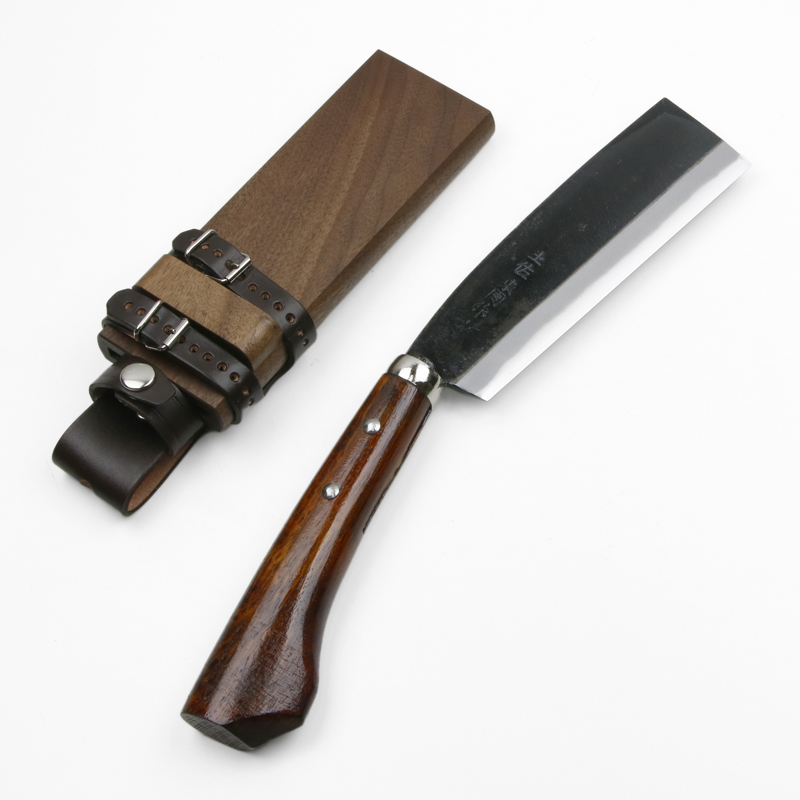 東周作 最高級黒打腰鉈 両刃 165mm 白紙鋼 ウォルナット鞘 鞘付き