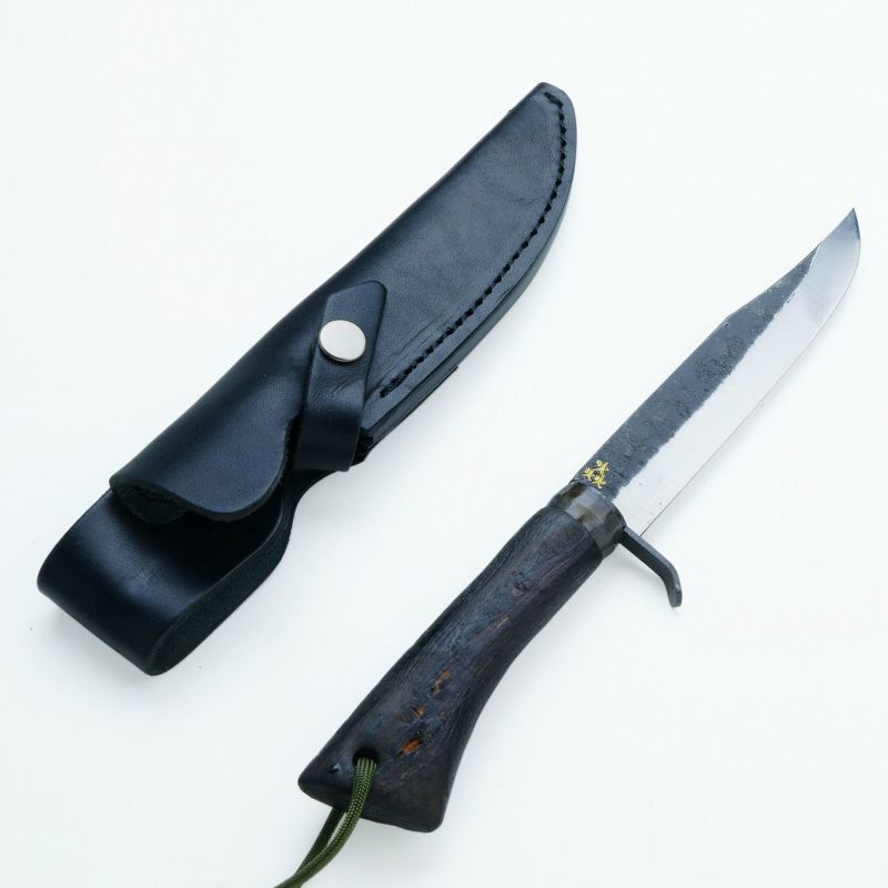 青紙鋼剣ナタ 135mm 黒打ち仕上げ 黒焼樫木柄 本革ケース付