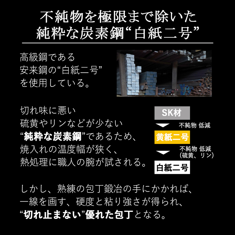 不純物を極限まで除いた純粋な炭素鋼“白紙二号”