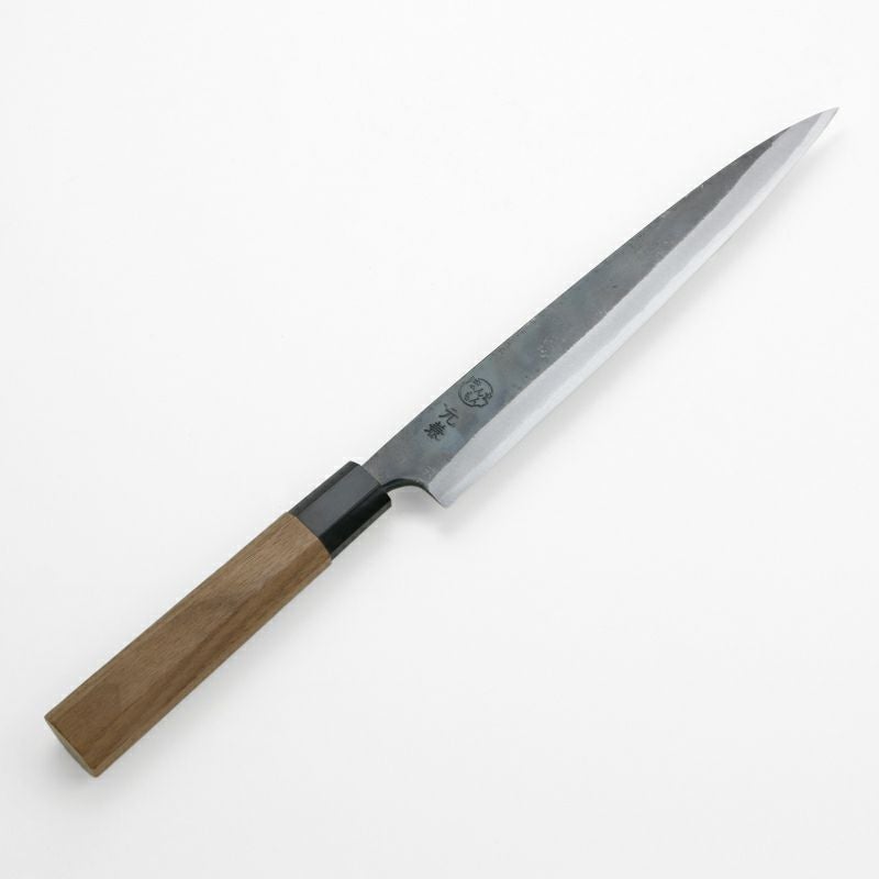 元兼 柳刃包丁 210mm 両刃 青紙1号割込み 黒打ち仕上げ 八角クルミ柄