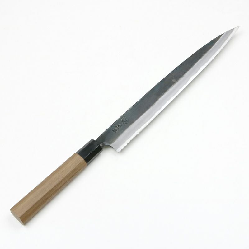 元兼 柳刃包丁 240mm 両刃 青紙1号 割込み 黒打ち仕上げ 八角クルミ柄