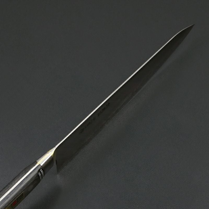 武蔵国光月作 牛刀 両刃 240mm 全鋼 真鍮ロウ付け口金付き 強化パッカー柄 手研ぎ本刃付け