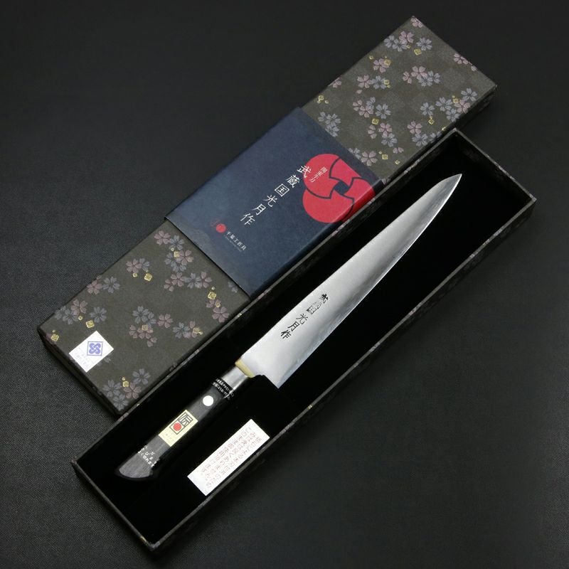 武蔵国光月作 筋引包丁 両刃 240mm 全鋼 真鍮ロウ付け口金付き パッカー柄