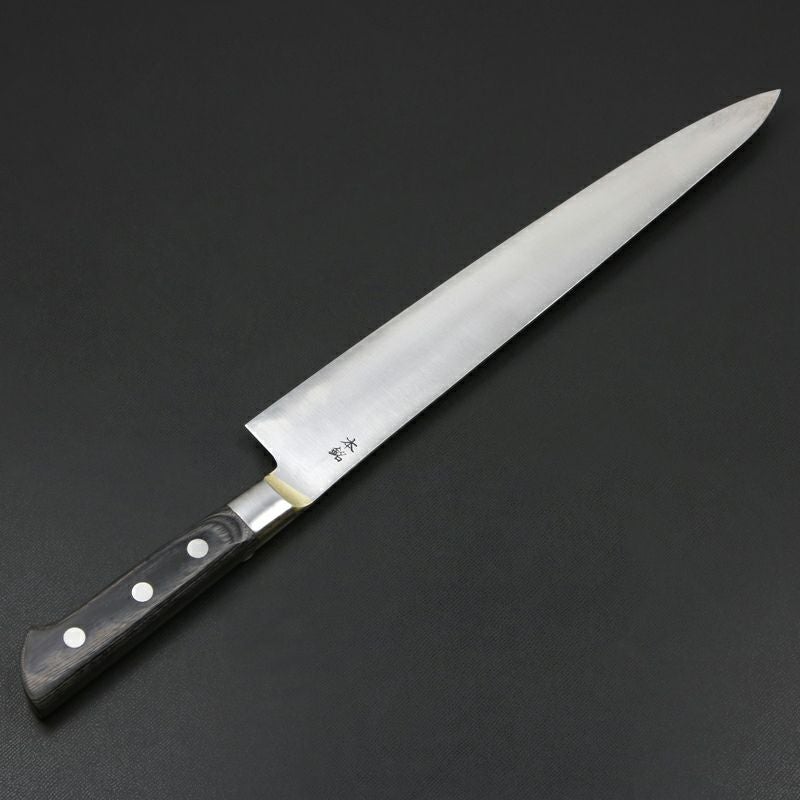 武蔵国光月作 筋引包丁 両刃 270mm 全鋼 真鍮ロウ付け口金付き 強化パッカー柄 手研ぎ本刃付け
