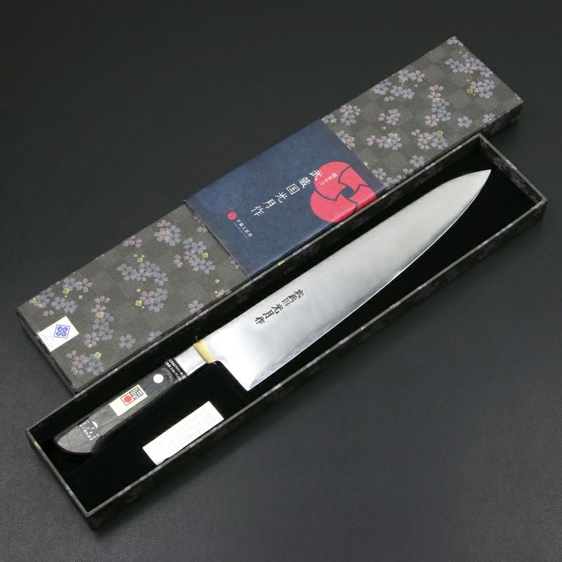 武蔵国光月作 牛刀 両刃 300mm 全鋼 真鍮ロウ付け口金付き 強化パッカー柄 手研ぎ本刃付け