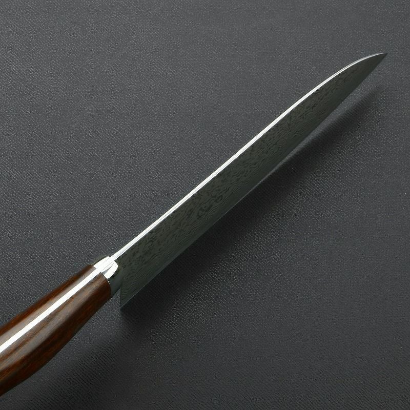 三徳包丁 両刃 170mm 粉末ハイスR2 割込み ステンレス ダマスカス模様 口金付き アイアンウッド柄 木箱入り