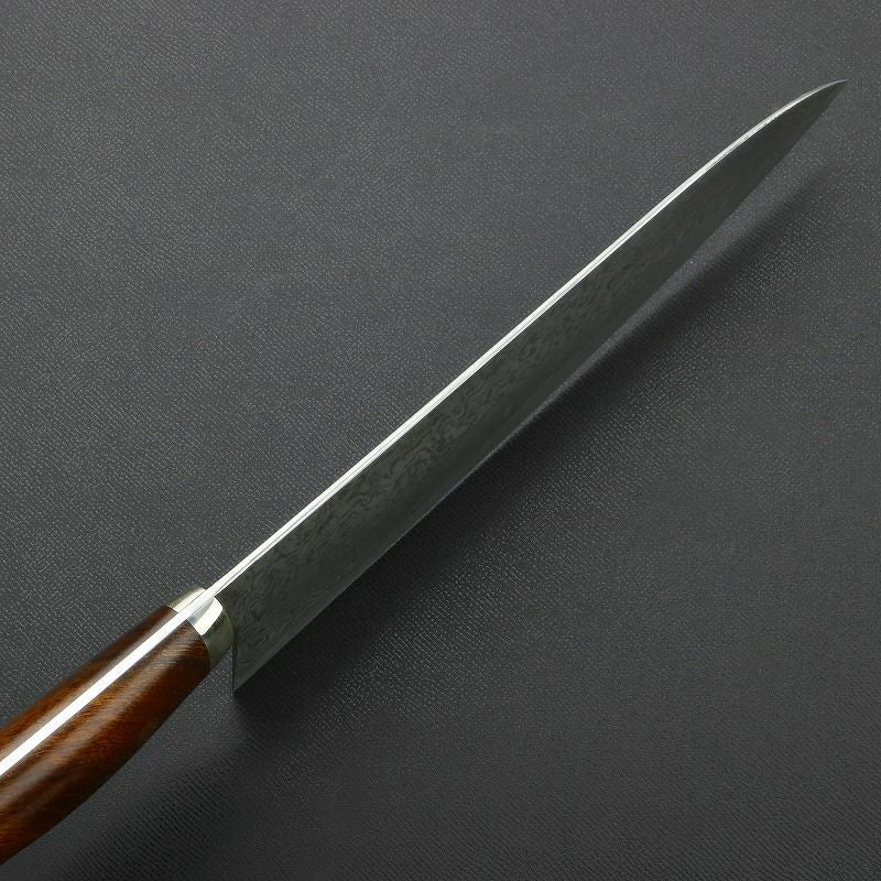 牛刀 両刃 210mm 粉末ハイスR2 割込み ステンレス ダマスカス模様 口金付き アイアンウッド柄