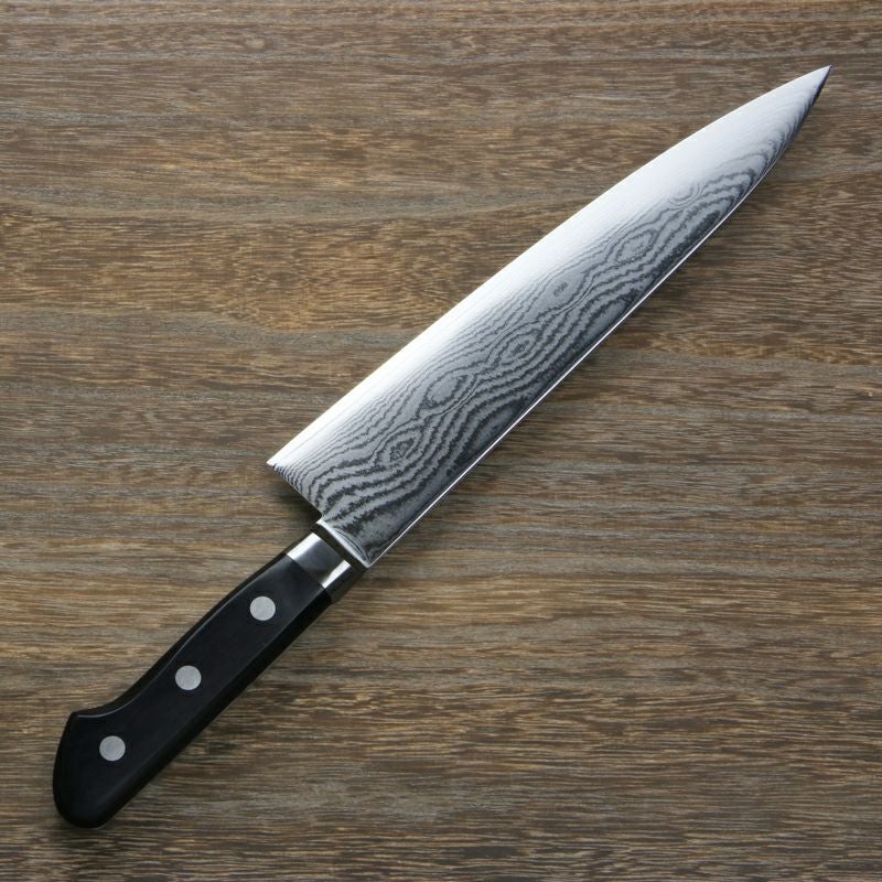 牛刀 両刃 240mm V金10号 ステンレス ダマスカス模様 共口金付き 黒合板柄