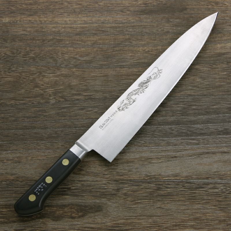 ミソノ 牛刀 両刃 270mm EUカーボン鋼 共口金付き 彫刻入り 本刃付け
