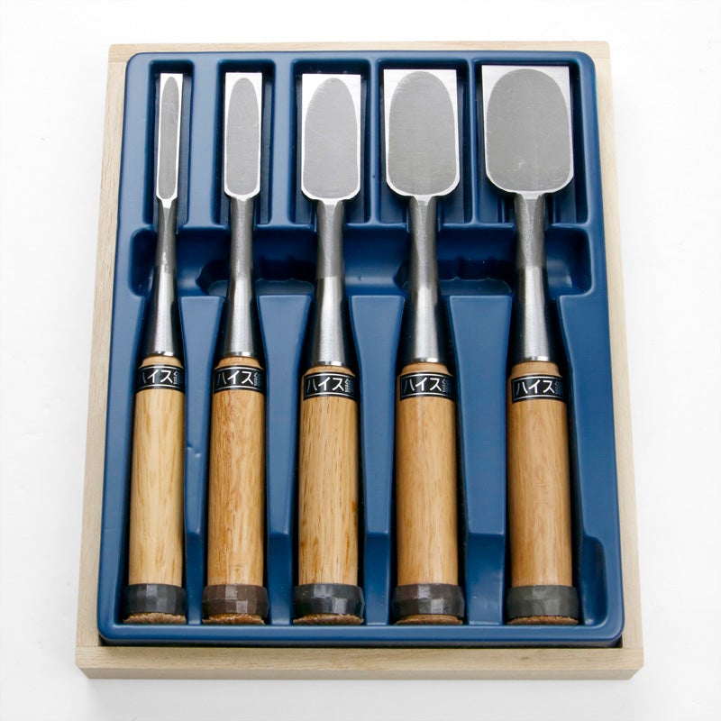 追入鑿 ハイス鋼 赤樫柄 5本組 木箱入り 全体