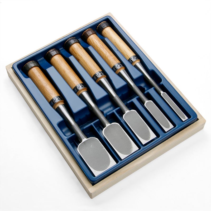 追入鑿 ハイス鋼 赤樫柄 5本組 木箱入り 表