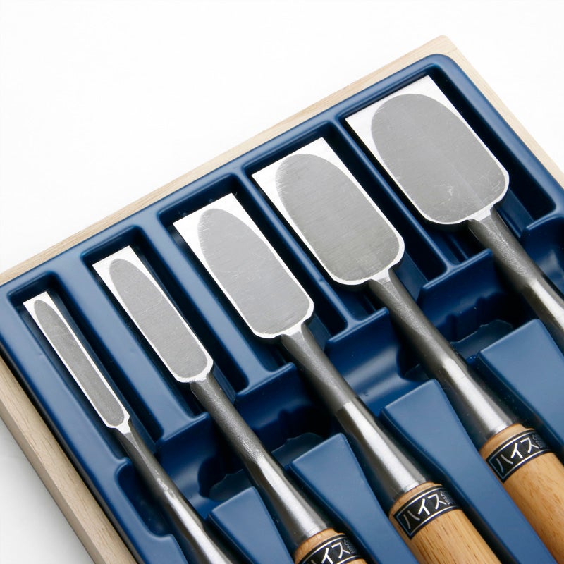 追入鑿 ハイス鋼 赤樫柄 5本組 木箱入り 拡大