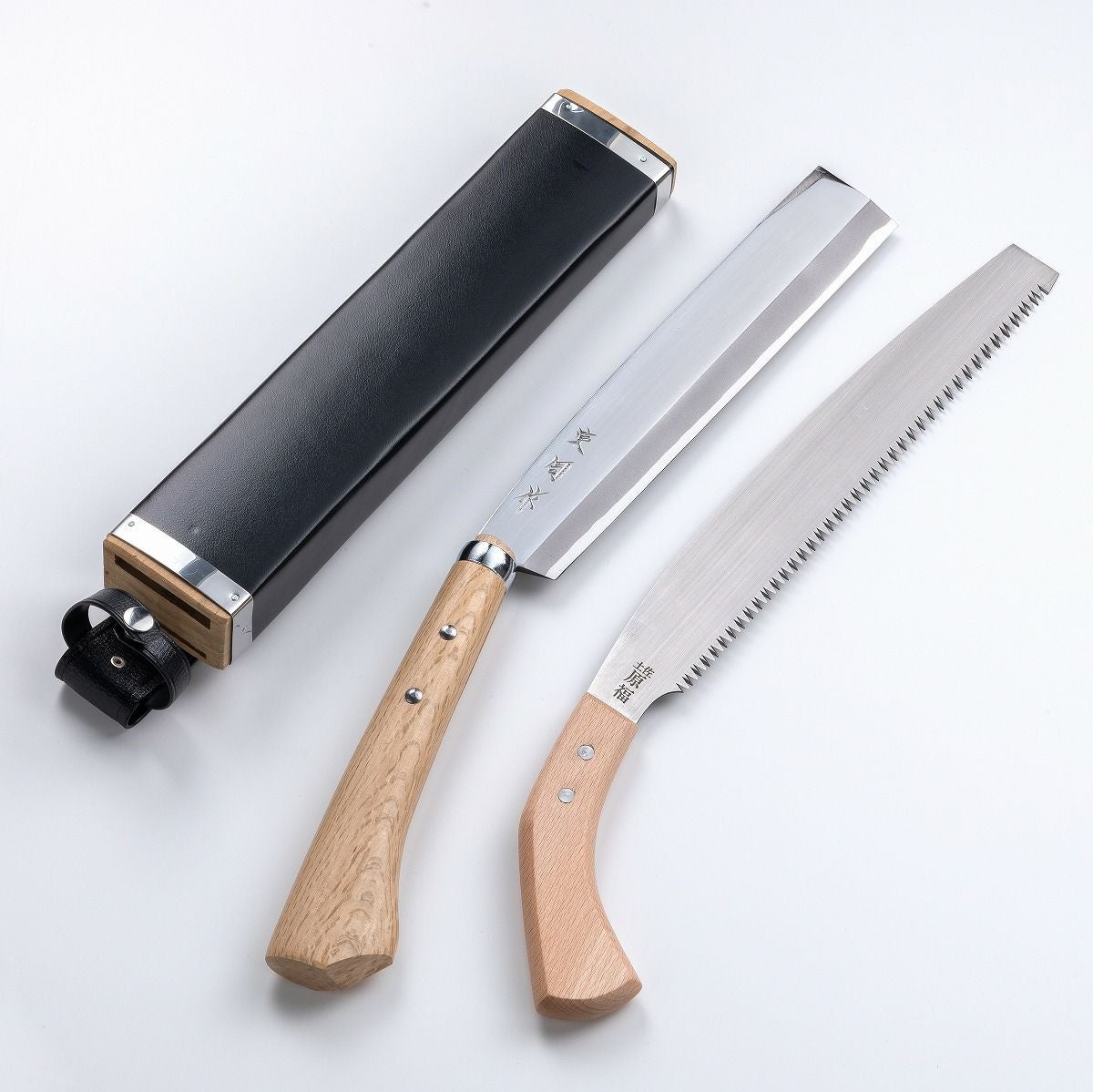 東周作 極上 腰鉈 片刃240mm 細身 ＆ 鋸240mm青紙鋼 二丁差し 鞘付き