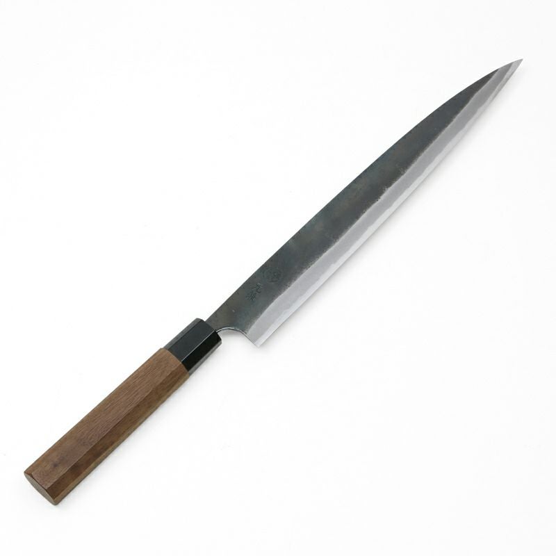 元兼 柳刃包丁 270mm 両刃 青紙1号 割込み 黒打ち仕上げ 八角クルミ柄