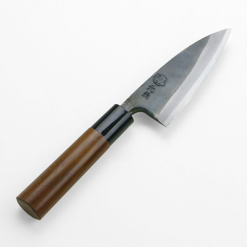 徳蔵刃物 / 黒打ち小出刃包丁 105mm 両刃 青紙2号 胡桃 土佐包丁 元兼 小出刃包丁 105mm 両刃 青紙1号 割込み 黒打ち仕上げ クルミ柄
