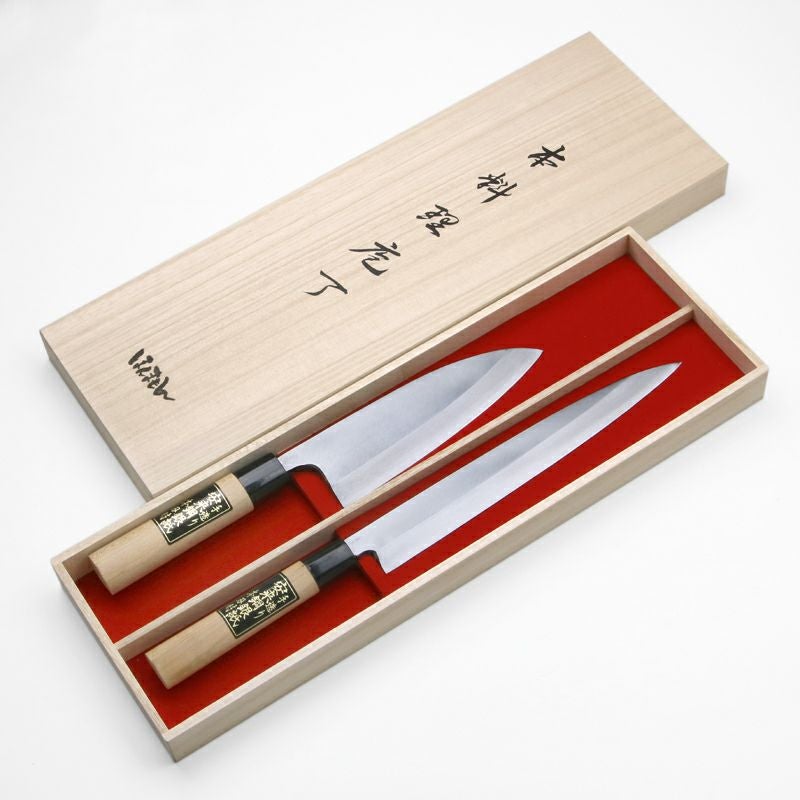 家庭向け包丁セット 銀三ステンレス 木箱入 2本組出刃包丁 片刃 165mm