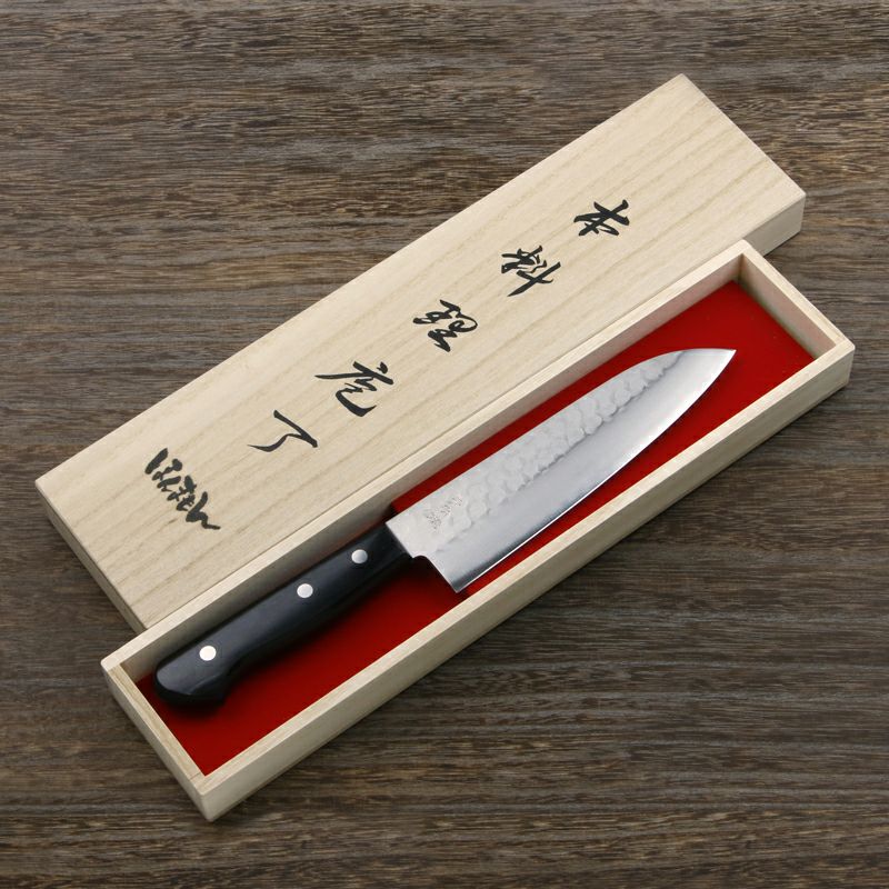 三徳包丁 両刃 170mm 青紙鋼 割込み ステンレス 梨地槌目仕上げ 黒合板