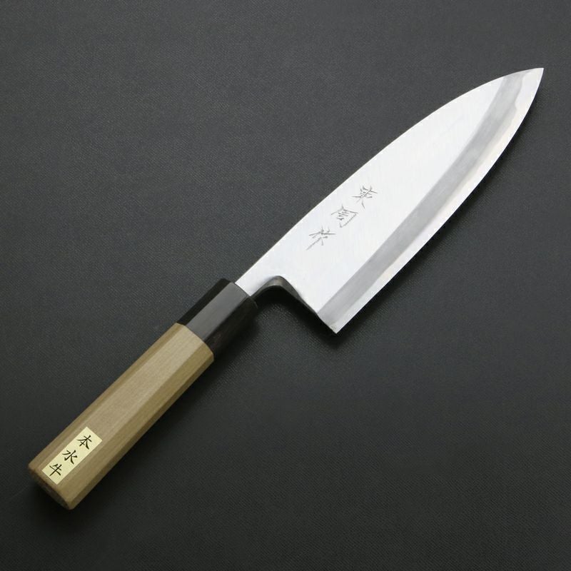 東周作 出刃包丁 片刃 180mm青紙2号 付け鋼 霞研ぎ仕上げ 八角水牛柄