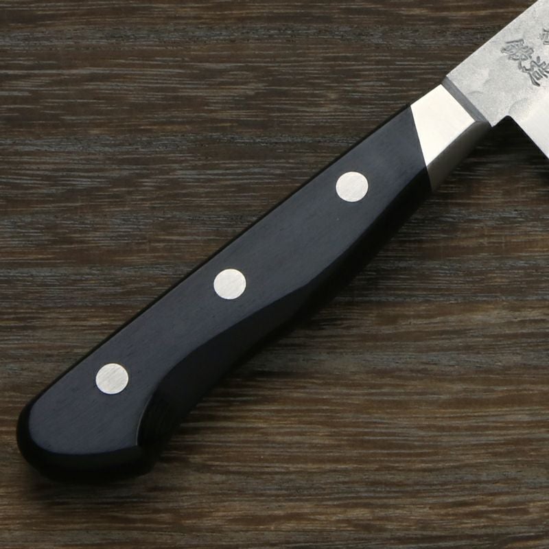 ペティナイフ 両刃 135mm 青紙鋼割込 梨地槌目仕上げ 斜め口金付