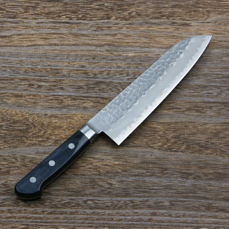 青馬 三徳包丁 両刃 180mm 青紙スーパー鋼 割込み ステンレス 槌目