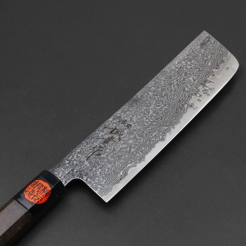 誠貴作 春風 菜切り包丁 両刃 165mm 粉末ハイス積層鋼 ダマスカス模様 水牛八角ウォルナット柄 木箱入り 刃