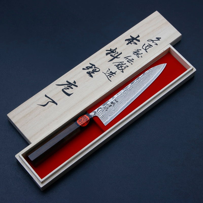 誠貴作 春風 和ペティナイフ 両刃 150mm 粉末ハイスR2 割込み ステンレス ダマスカス模様  ウォルナット柄 木箱入り 全体
