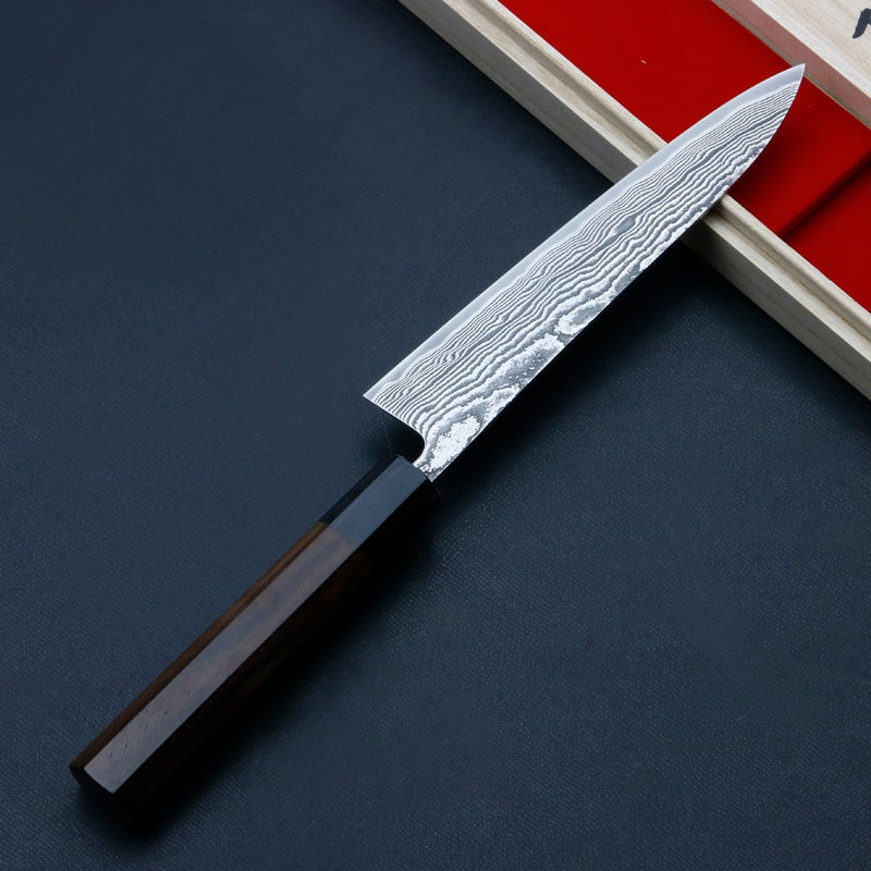 誠貴作 春風 和ペティナイフ 両刃 150mm 粉末ハイスR2 割込み ステンレス ダマスカス模様  ウォルナット柄 木箱入り 裏