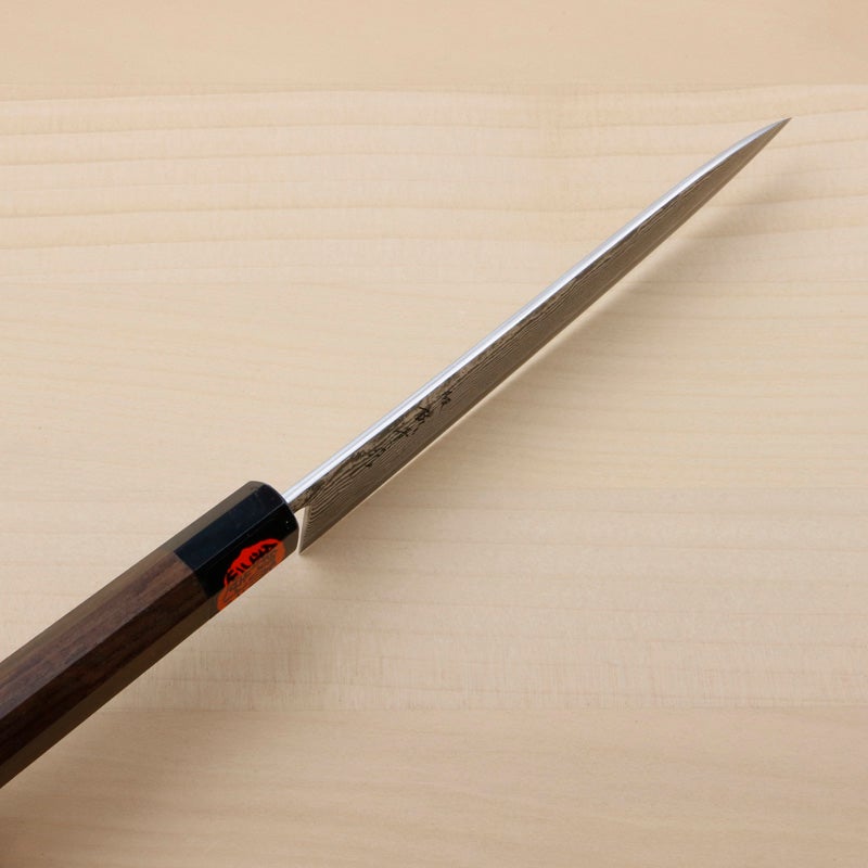 誠貴作 春風 和ペティナイフ 両刃 150mm 粉末ハイスR2 割込み ステンレス ダマスカス模様  ウォルナット柄 木箱入り 峰