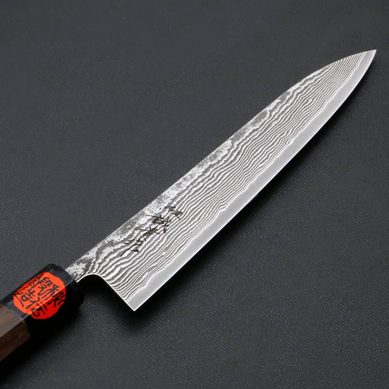 誠貴作 春風 和ペティナイフ 両刃 150mm 粉末ハイスR2 割込み ステンレス ダマスカス模様  ウォルナット柄 木箱入り 刃