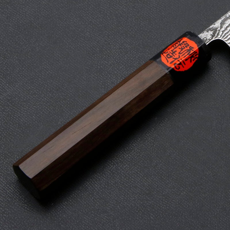 誠貴作 春風 和ペティナイフ 両刃 150mm 粉末ハイスR2 割込み ステンレス ダマスカス模様  ウォルナット柄 木箱入り 柄
