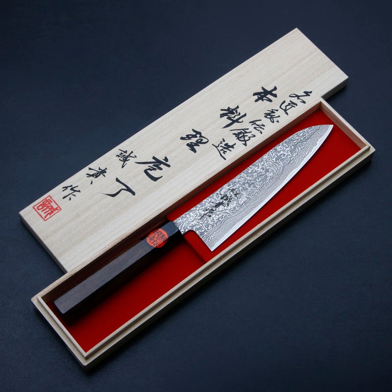 誠貴作 春風 和牛刀 両刃 180mm 粉末ハイス積層鋼 ダマスカス模様 水牛八角ウォルナット柄 木箱入り 全体