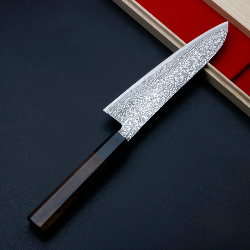 誠貴作 春風 和牛刀 両刃 180mm 粉末ハイス積層鋼 ダマスカス模様 水牛八角ウォルナット柄 木箱入り 裏