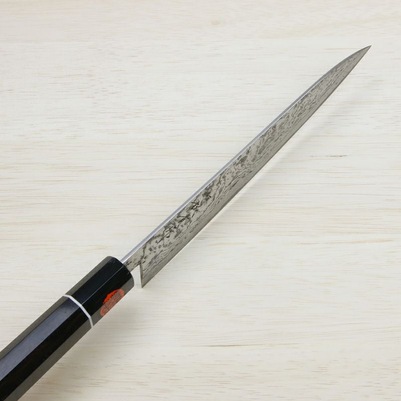 田中誠貴作 羽々斬 和牛刀 両刃 210mm 粉末ハイスR2 割込み ステンレス ダマスカス模様 黒檀柄 木箱入り 鍛造品 峰