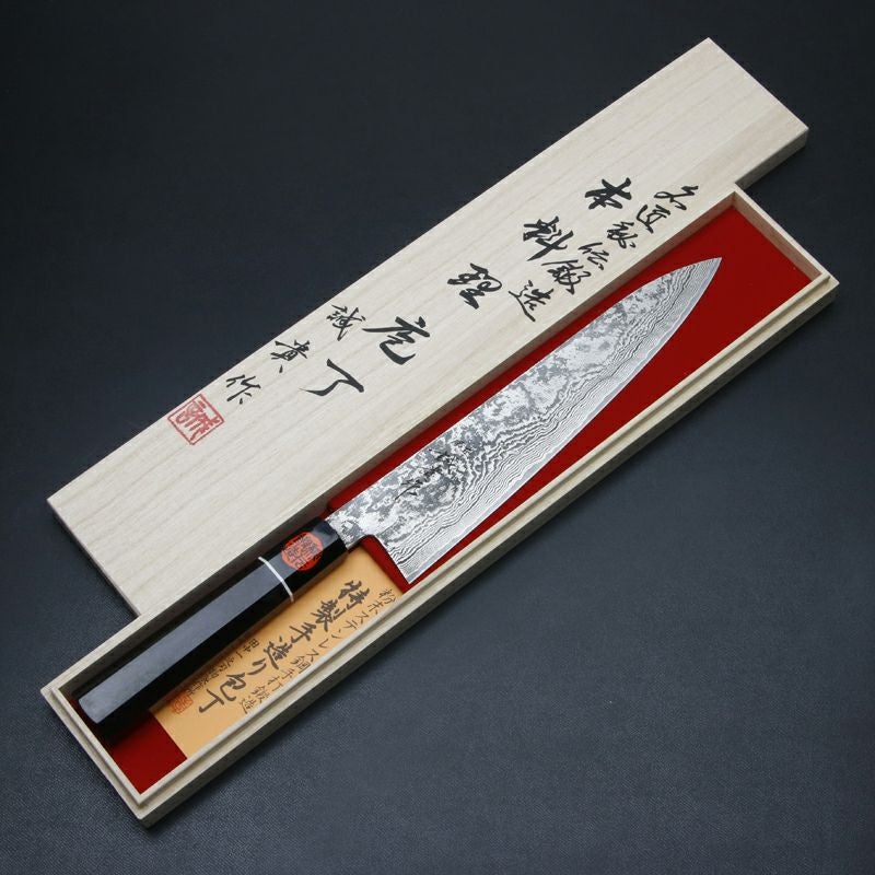 田中誠貴作 羽々斬 和牛刀 両刃 240mm 粉末ハイスR2 割込み ステンレス ダマスカス模様 黒檀柄 木箱入り 鍛造品 全体