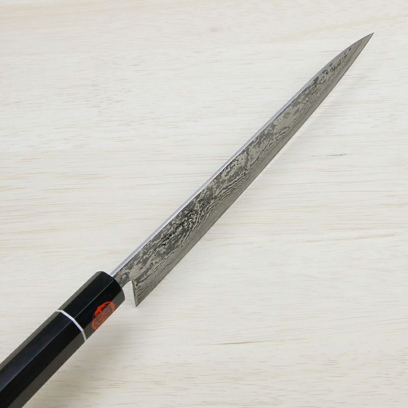 田中誠貴作 羽々斬 和牛刀 両刃 240mm 粉末ハイスR2 割込み ステンレス ダマスカス模様 黒檀柄 木箱入り 鍛造品 峰