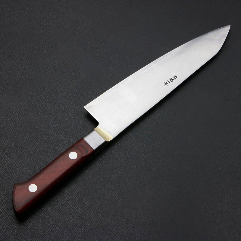 下総国光月作 牛刀 両刃 180mm 白紙1号 全鋼 真鍮ロウ付け共口金付き ワインレッドパッカー柄 手研ぎ本刃付け 裏