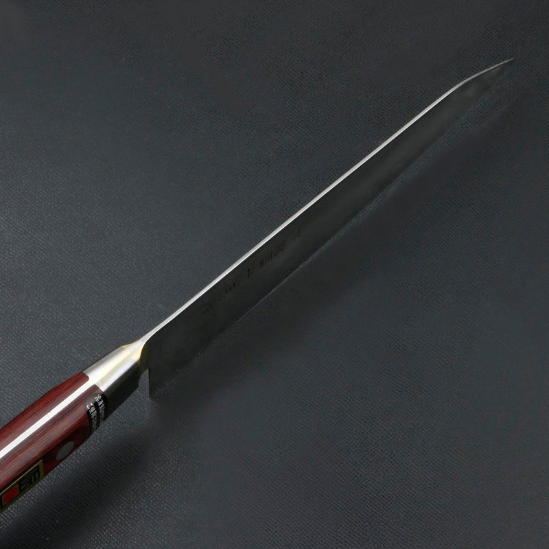 下総国光月作 牛刀 両刃 180mm 白紙1号 全鋼 真鍮ロウ付け共口金付き ワインレッドパッカー柄 手研ぎ本刃付け 峰