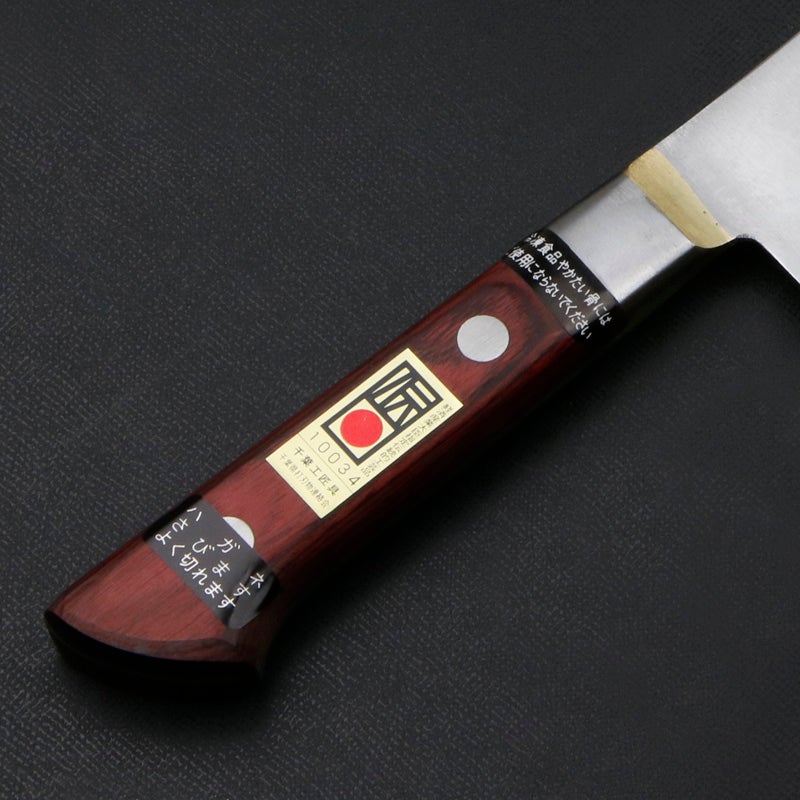 下総国光月作 牛刀 両刃 180mm 白紙1号 全鋼 真鍮ロウ付け共口金付き ワインレッドパッカー柄 手研ぎ本刃付け 柄