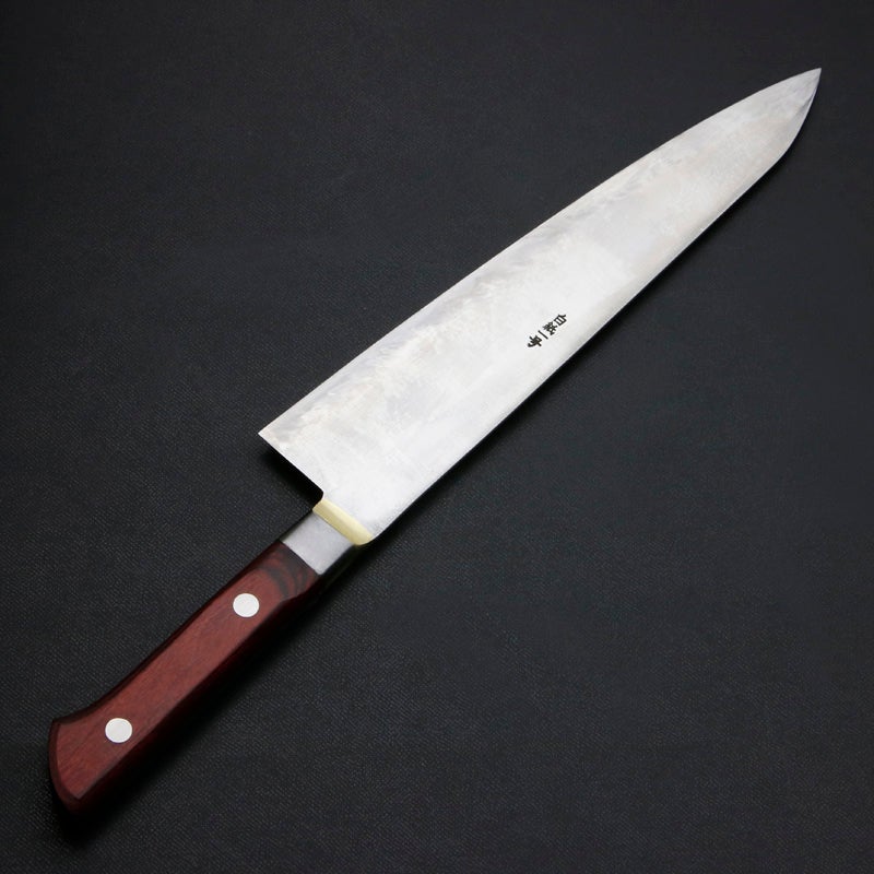 下総国光月作 牛刀 両刃 240mm 白紙1号 全鋼 真鍮ロウ付け共口金付き ワインレッドパッカー柄 手研ぎ本刃付け 裏