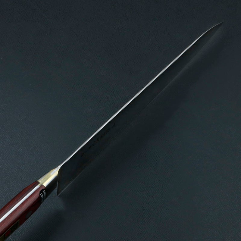 下総国光月作 牛刀 両刃 240mm 白紙1号 全鋼 真鍮ロウ付け共口金付き ワインレッドパッカー柄 手研ぎ本刃付け 峰