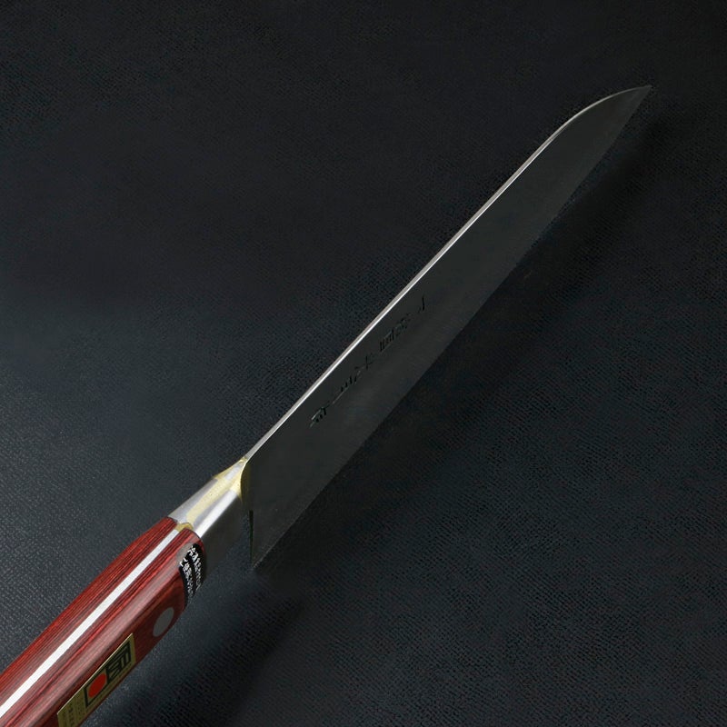 下総国光月作 三徳包丁 両刃 180mm 白紙1号 全鋼 真鍮ロウ付け共口金 ワインレッドパッカー柄 手研ぎ本刃付け 峰