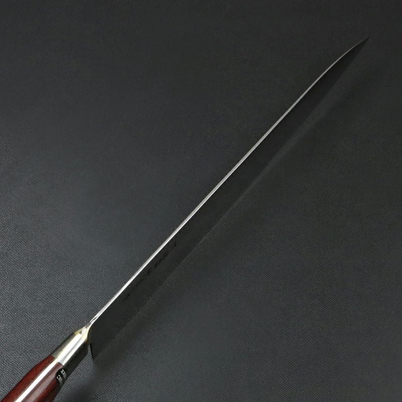 下総国光月作 牛刀 両刃 270mm 白紙1号 全鋼 真鍮ロウ付け口金付き ワインレッドパッカー柄 手研ぎ本刃付け