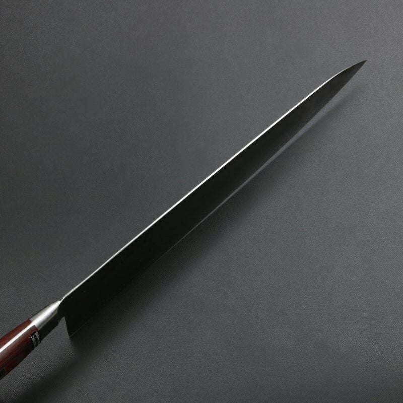 下総国光月作 牛刀 両刃 330mm 白紙1号 全鋼 溶接手仕上げ口金 ワインレッドパッカー柄 手研ぎ本刃付け